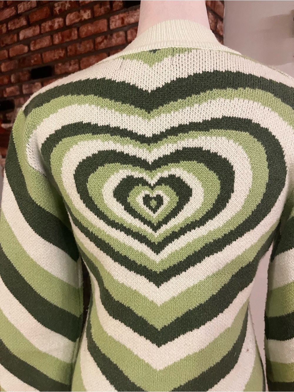 Cider Stretches to 22 ptp Striped Heart-Pattern Crewneck Sweater - Green/Cream - Picture 4 of 4
